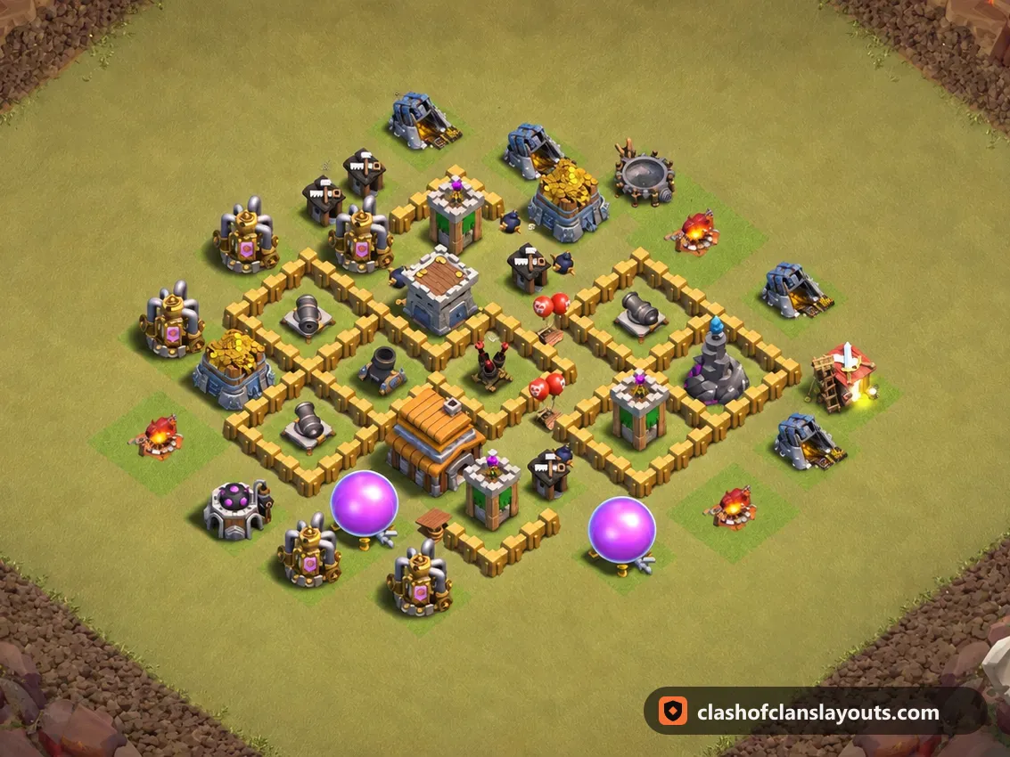 TH5 War Base Layout 53: Clash of Clans Town Hall 5 war base layout, full base picture