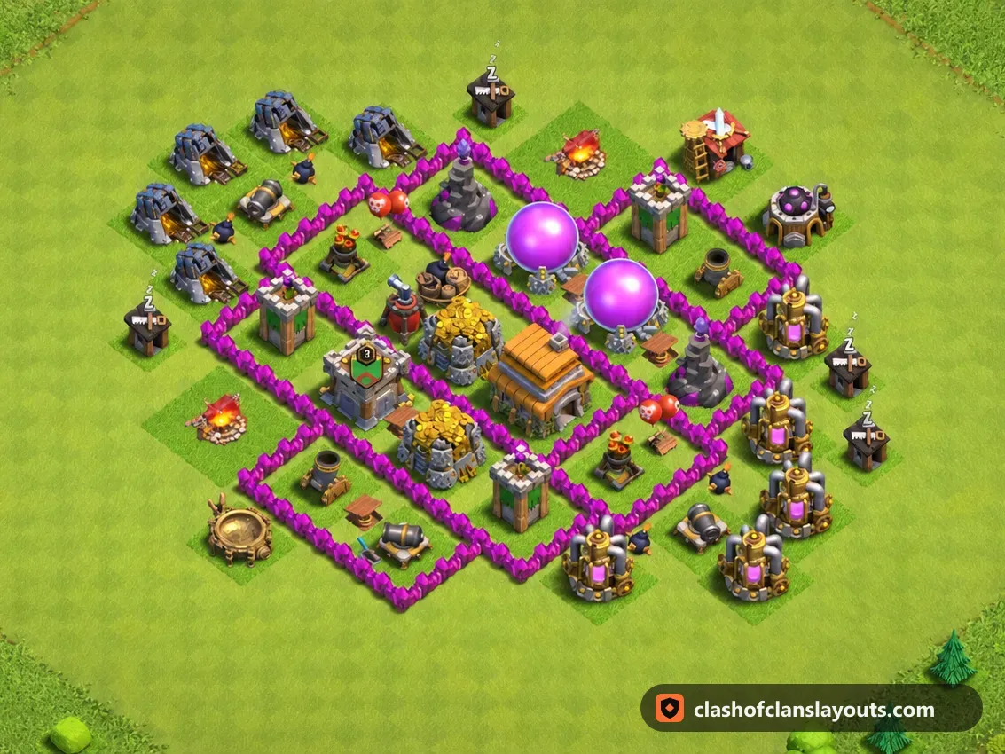 Base de Farm TH6 161 : plan de base de farm HDV 6 Clash of Clans, image complète de la base