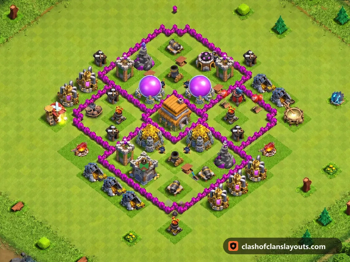 Base de Farm TH6 171 : plan de base de farm HDV 6 Clash of Clans, image complète de la base
