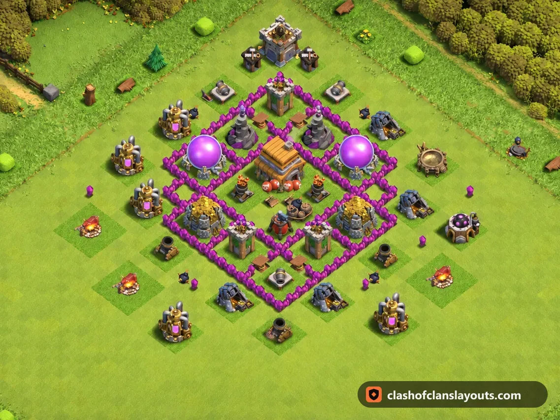 Base Ibrida TH6 142: layout base ibrida per Municipio 6 di Clash of Clans, immagine completa della base