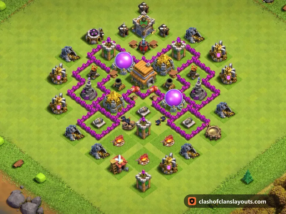 TH6 Hybrid Base Layout 143: Clash of Clans Town Hall 6 hybrid base layout, full base picture