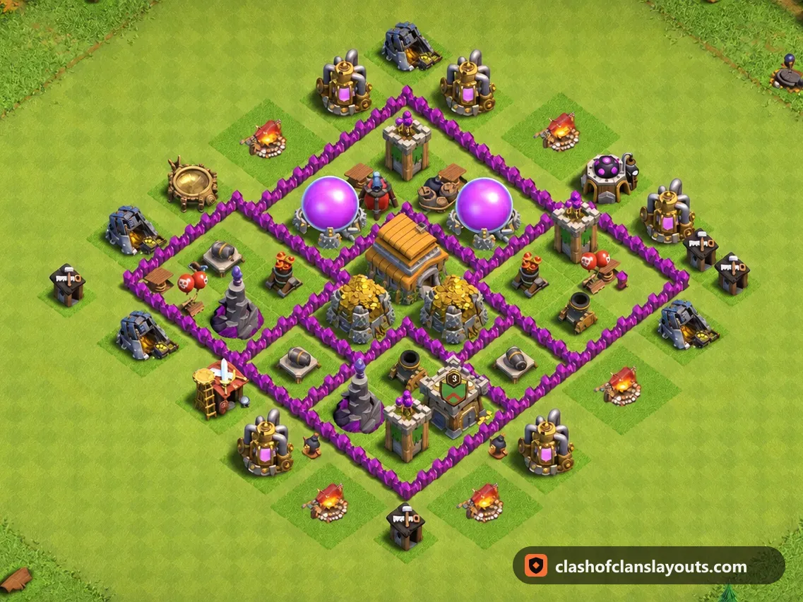 Base Hybride TH6 144 : plan de base hybride HDV 6 Clash of Clans, image complète de la base