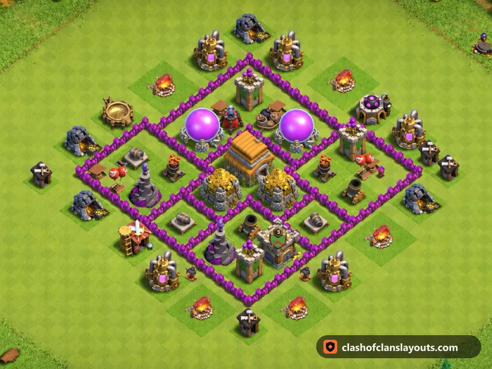 TH6 Hybrid Base Layout 144: Clash of Clans Town Hall 6 hybrid base layout, full base picture