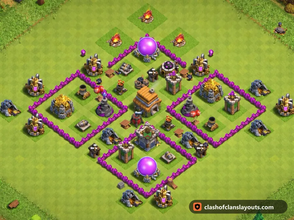 TH6 Hybrid Base Layout 145: Clash of Clans Town Hall 6 hybrid base layout, full base picture