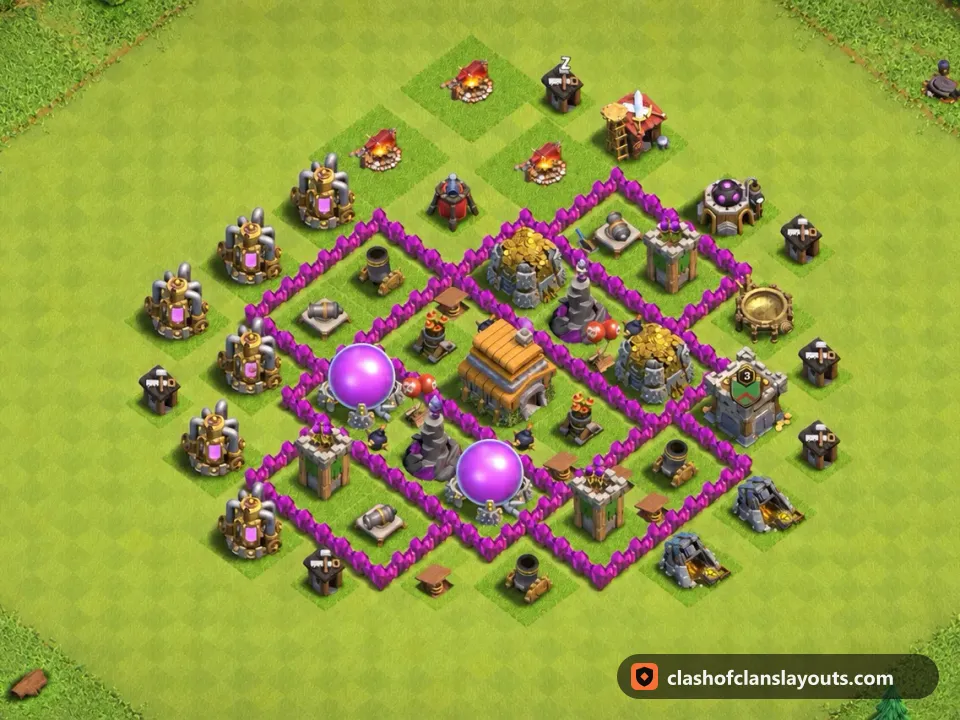 TH6 Hybrid Base Layout 146: Clash of Clans Town Hall 6 hybrid base layout, full base picture