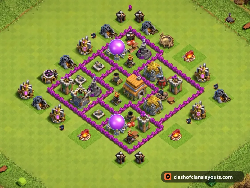 TH6 Hybrid Base Layout 147: Clash of Clans Town Hall 6 hybrid base layout, full base picture