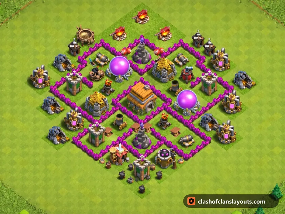 TH6 Hybrid Base Layout 148: Clash of Clans Town Hall 6 hybrid base layout, full base picture