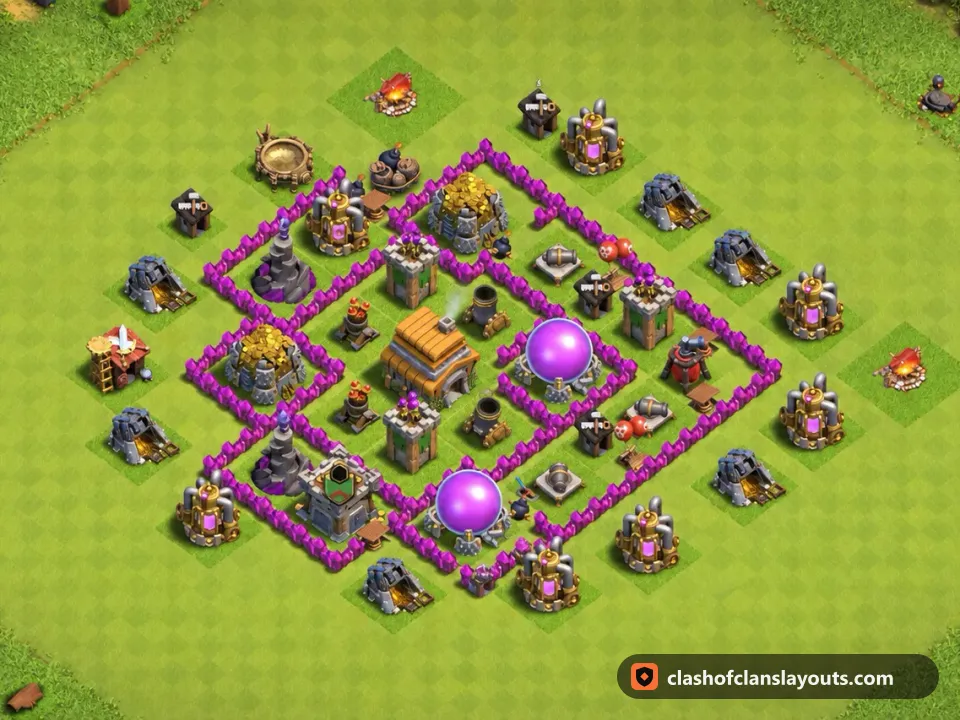 TH6 Hybrid Base Layout 149: Clash of Clans Town Hall 6 hybrid base layout, full base picture