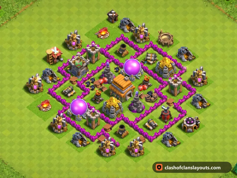 TH6 Hybrid Base Layout 150: Clash of Clans Town Hall 6 hybrid base layout, full base picture