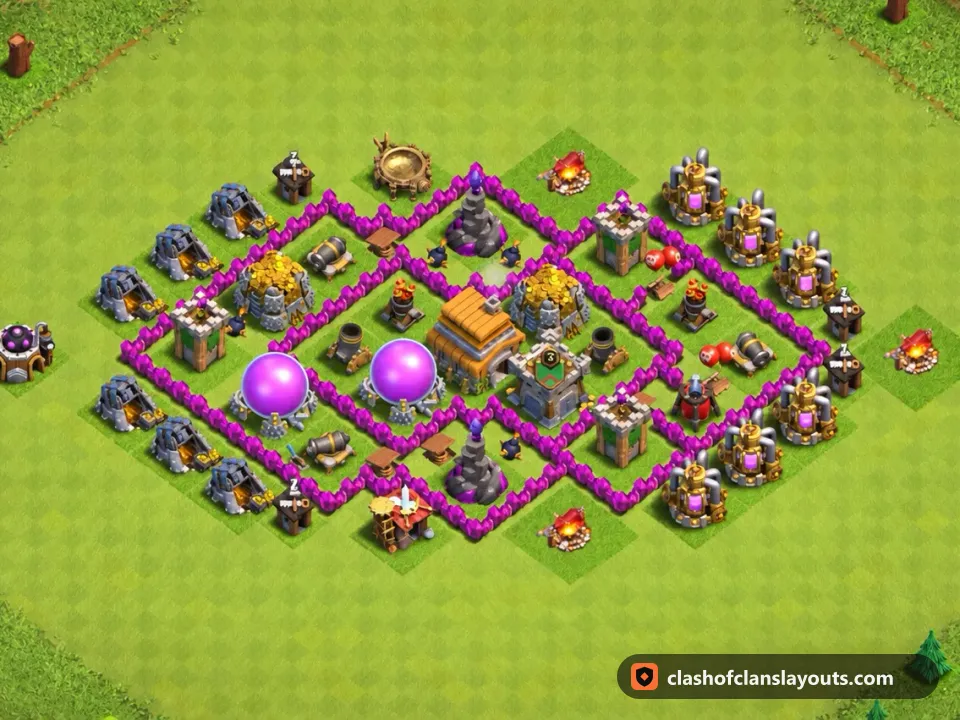 TH6 Hybrid Base Layout 151: Clash of Clans Town Hall 6 hybrid base layout, full base picture