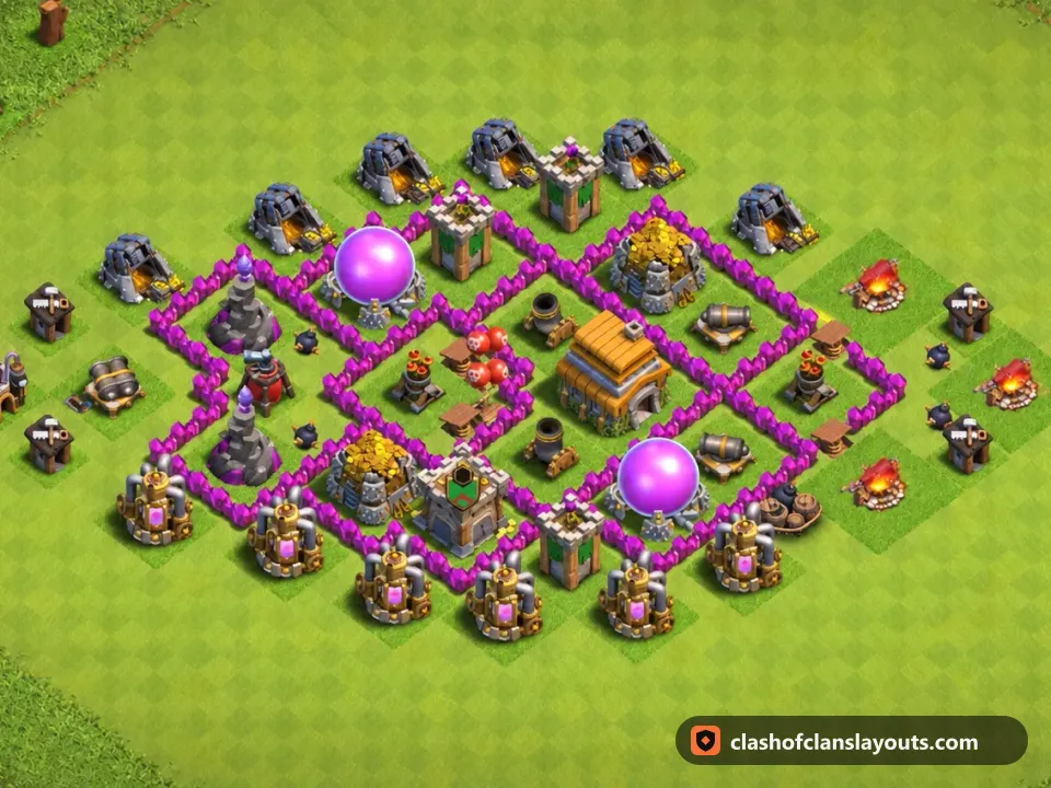 TH6 Hybrid Base Layout 152: Clash of Clans Town Hall 6 hybrid base layout, full base picture