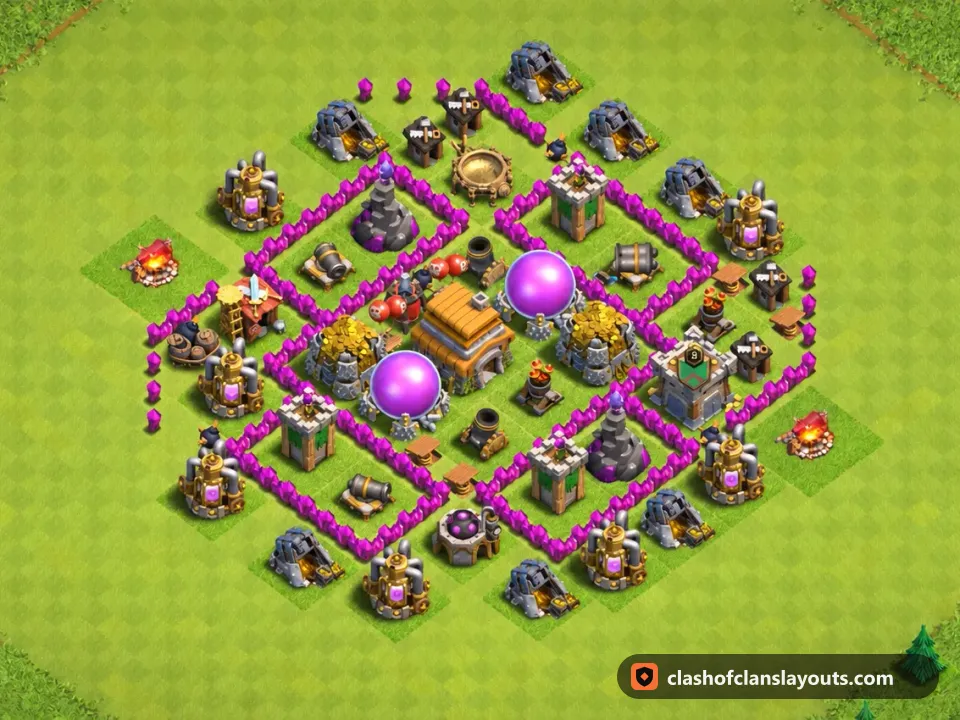 TH6 Hybrid Base Layout 153: Clash of Clans Town Hall 6 hybrid base layout, full base picture