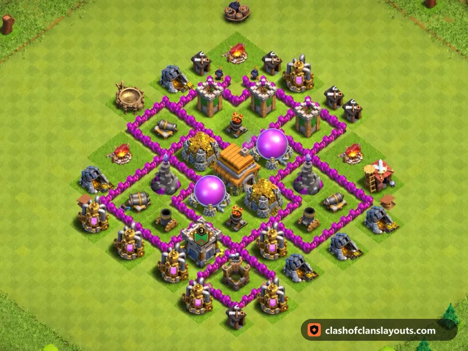 TH6 Hybrid Base Layout 154: Clash of Clans Town Hall 6 hybrid base layout, full base picture