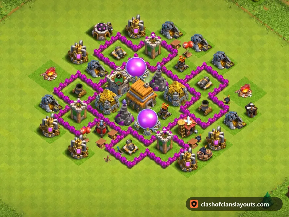 TH6 Hybrid Base Layout 155: Clash of Clans Town Hall 6 hybrid base layout, full base picture