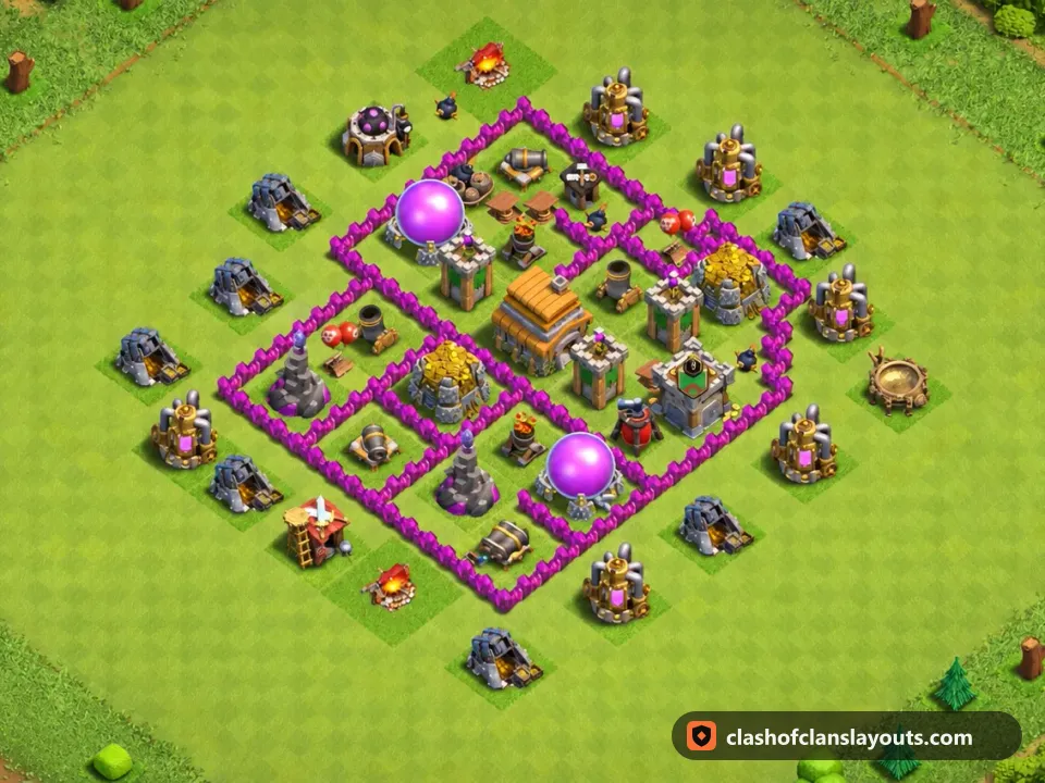 TH6 Hybrid Base Layout 156: Clash of Clans Town Hall 6 hybrid base layout, full base picture