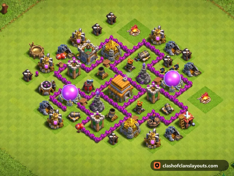 TH6 Trophy Base Layout 161: Clash of Clans Town Hall 6 trophy base layout, full base picture