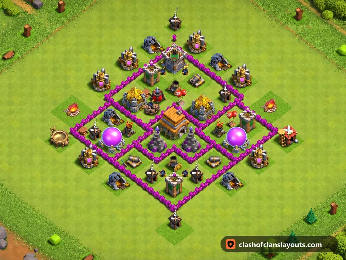 TH6 Trophy Base Layout 162: Clash of Clans Town Hall 6 trophy base layout, full base picture