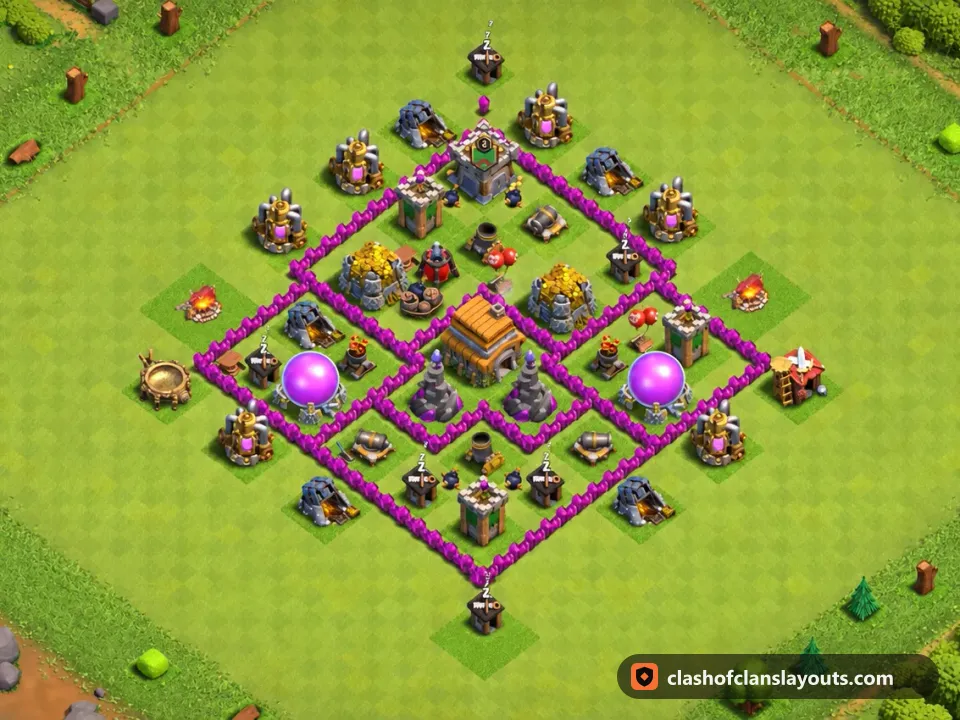 TH6 Trophy Base Layout 162: Clash of Clans Town Hall 6 trophy base layout, full base picture