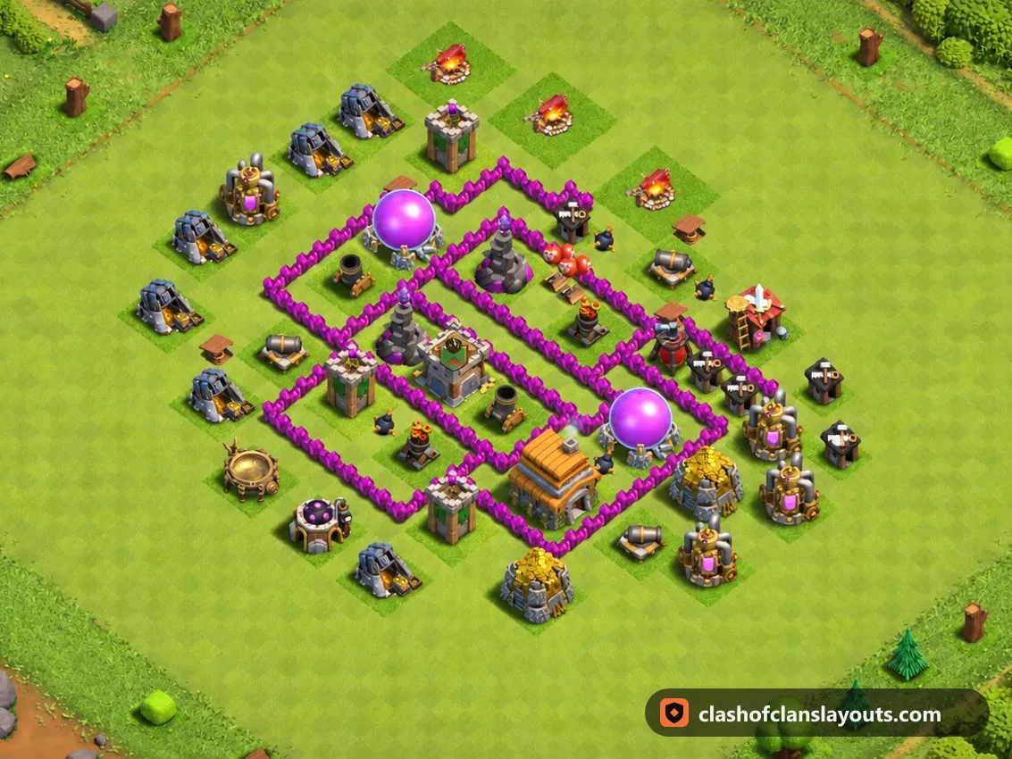 TH6 Trophy Base Layout 164: Clash of Clans Town Hall 6 trophy base layout, full base picture