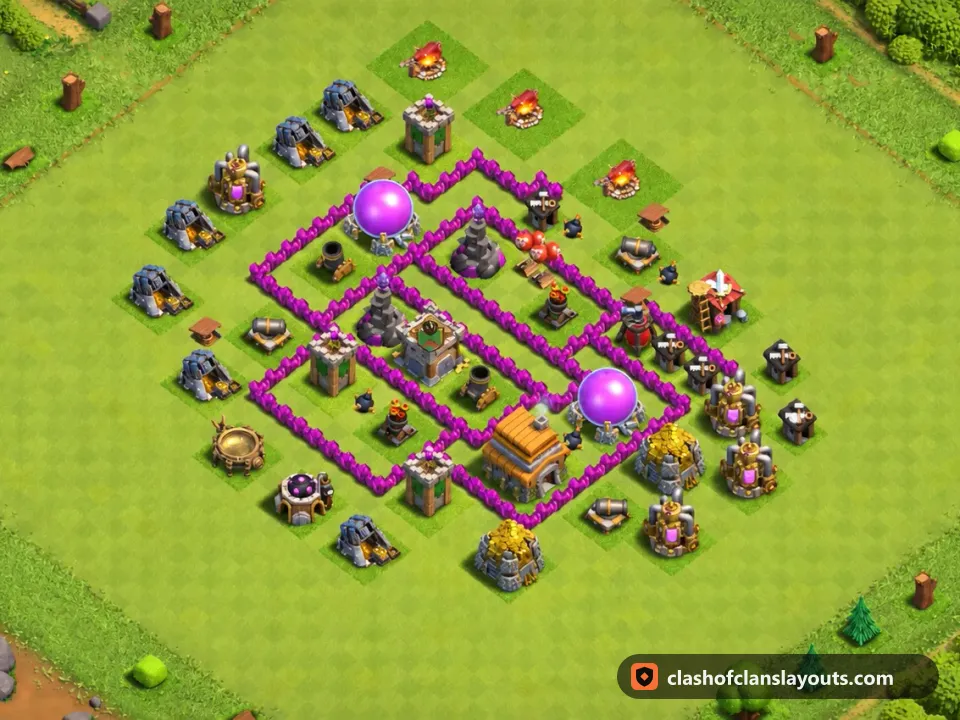 TH6 Trophy Base Layout 164: Clash of Clans Town Hall 6 trophy base layout, full base picture