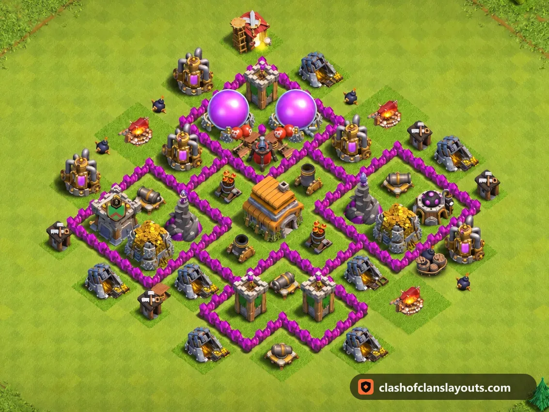 TH6 Trophy Base Layout 165: Clash of Clans Town Hall 6 trophy base layout, full base picture