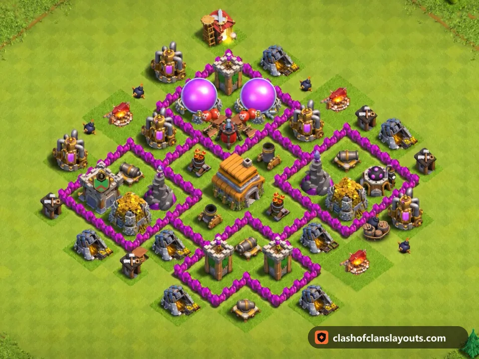 TH6 Trophy Base Layout 165: Clash of Clans Town Hall 6 trophy base layout, full base picture