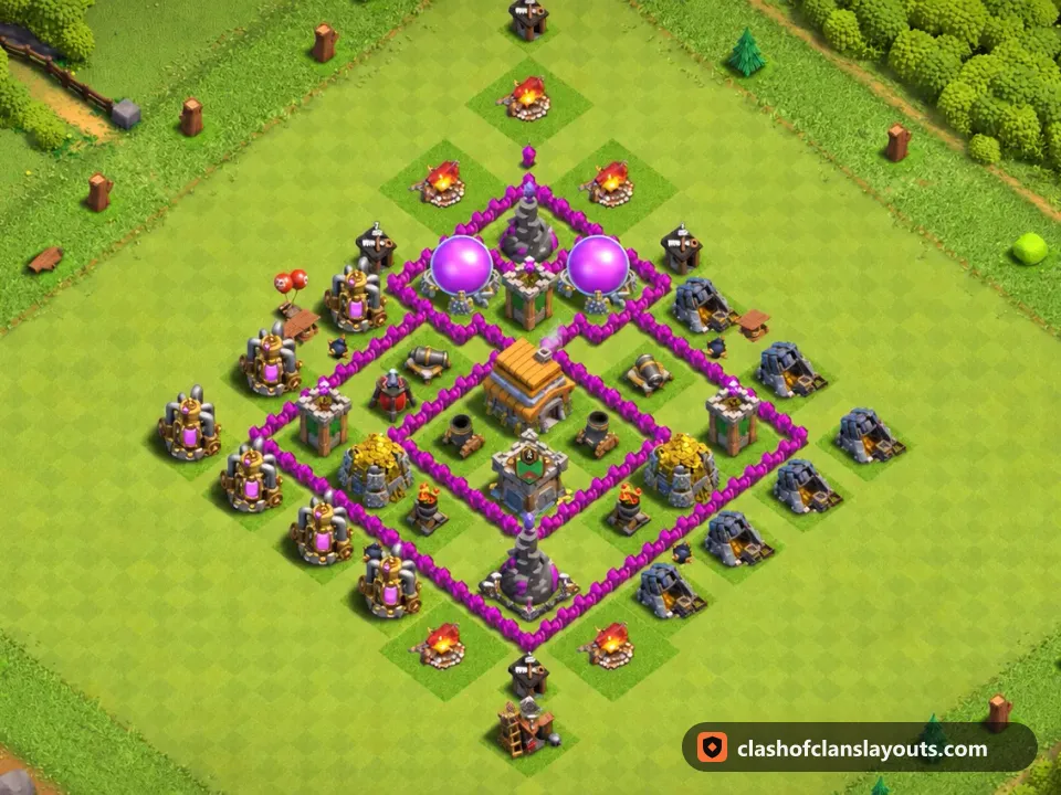 TH6 Trophy Base Layout 166: Clash of Clans Town Hall 6 trophy base layout, full base picture