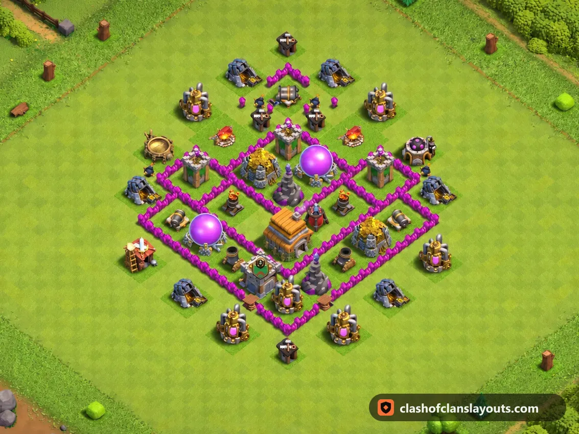 TH6 Trophy Base Layout 167: Clash of Clans Town Hall 6 trophy base layout, full base picture