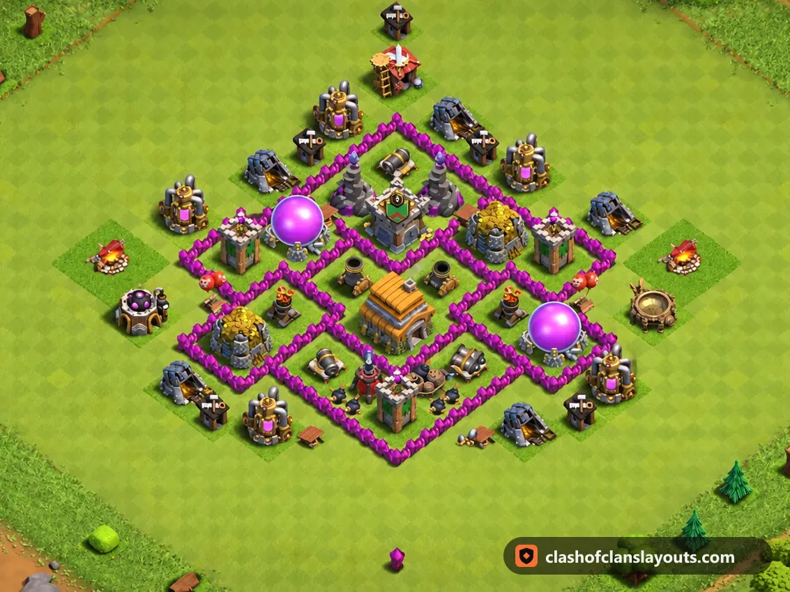TH6 Trophy Base Layout 168: Clash of Clans Town Hall 6 trophy base layout, full base picture