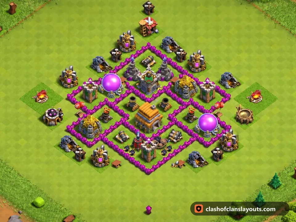 TH6 Trophy Base Layout 168: Clash of Clans Town Hall 6 trophy base layout, full base picture