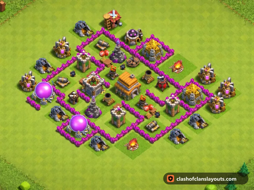 TH6 Trophy Base Layout 169: Clash of Clans Town Hall 6 trophy base layout, full base picture