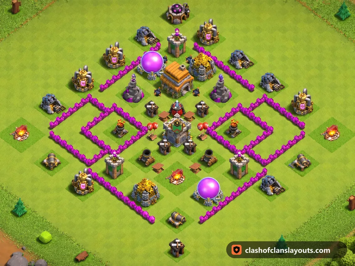 TH6 Trophy Base Layout 170: Clash of Clans Town Hall 6 trophy base layout, full base picture