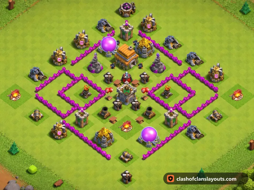 TH6 Trophy Base Layout 170: Clash of Clans Town Hall 6 trophy base layout, full base picture