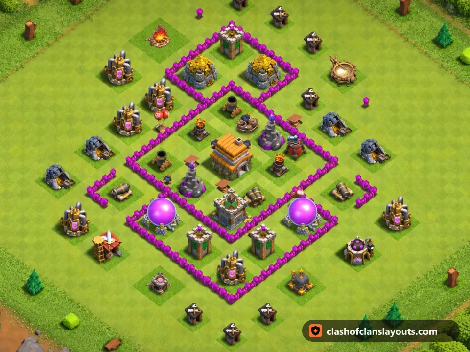 TH6 Trophy Base Layout 171: Clash of Clans Town Hall 6 trophy base layout, full base picture