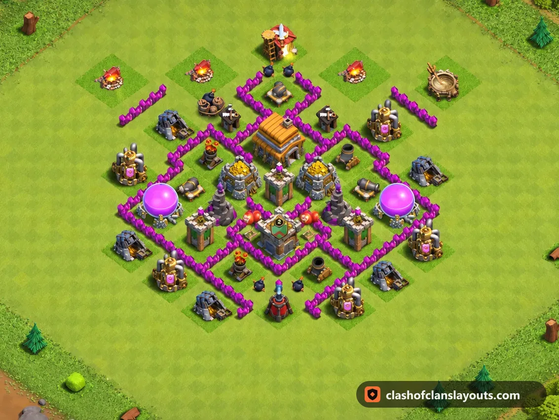 Base de Troféus TH6 172: layout de base de troféus de Clash of Clans para Centro de Vila 6, imagem completa da base