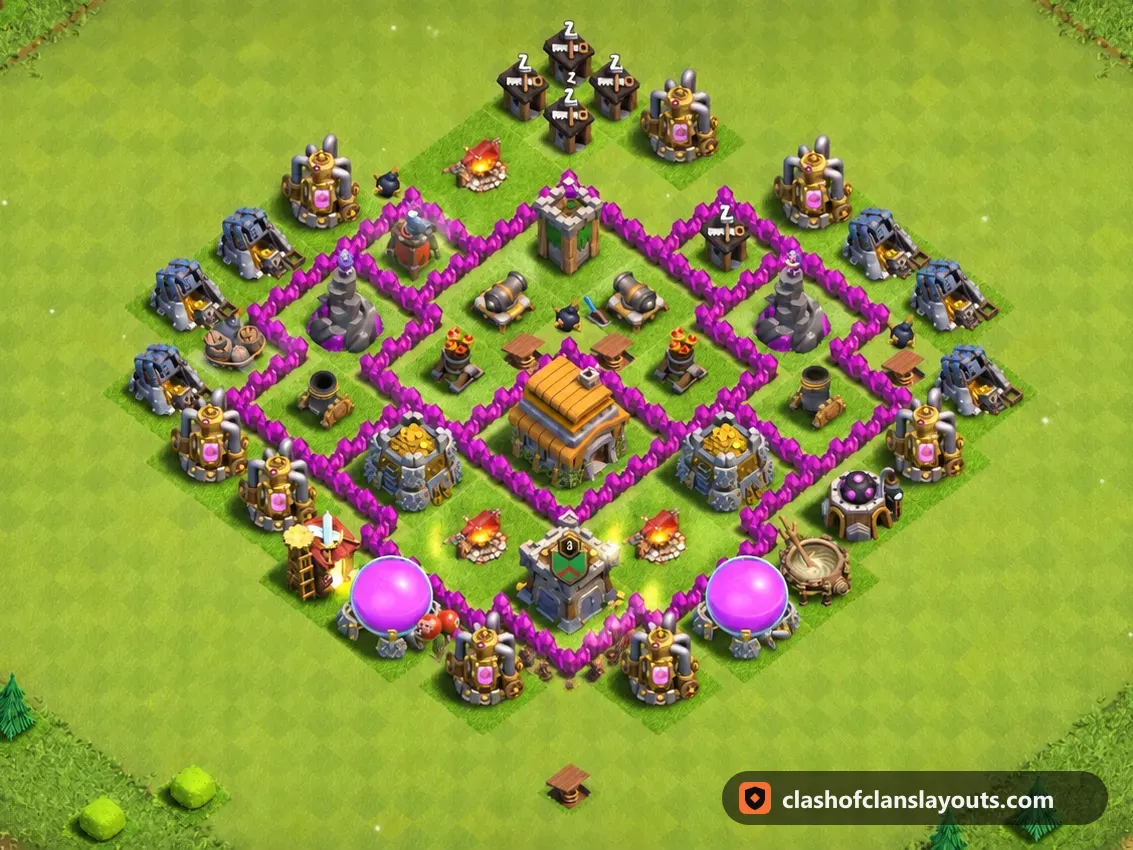 Trophäenbase TH6 173: Clash of Clans Trophäenbase für Rathaus 6, komplettes Bild der Base