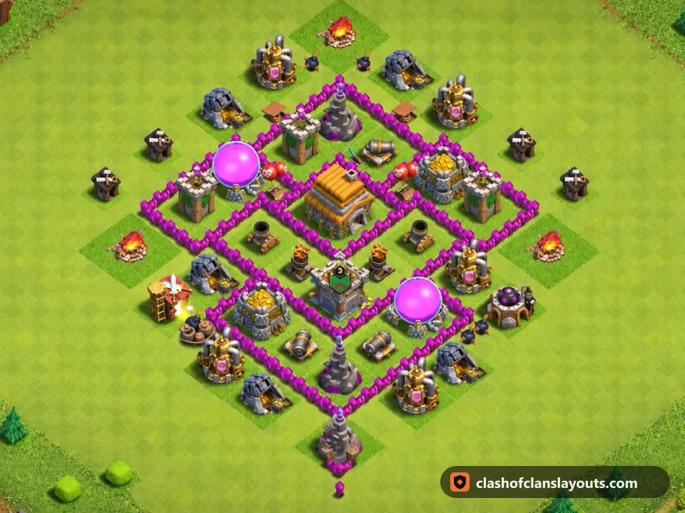 TH6 Trophy Base Layout 174: Clash of Clans Town Hall 6 trophy base layout, full base picture
