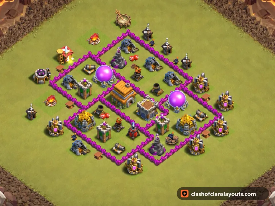 TH6 War Base Layout 57: Clash of Clans Town Hall 6 war base layout, full base picture