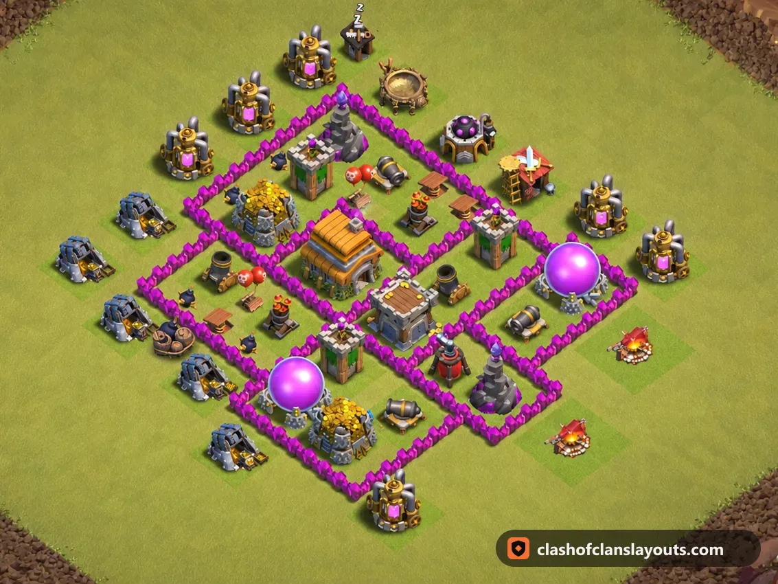TH6 War Base Layout 58: Clash of Clans Town Hall 6 war base layout, full base picture