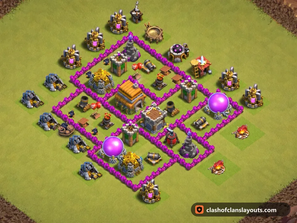 TH6 War Base Layout 58: Clash of Clans Town Hall 6 war base layout, full base picture