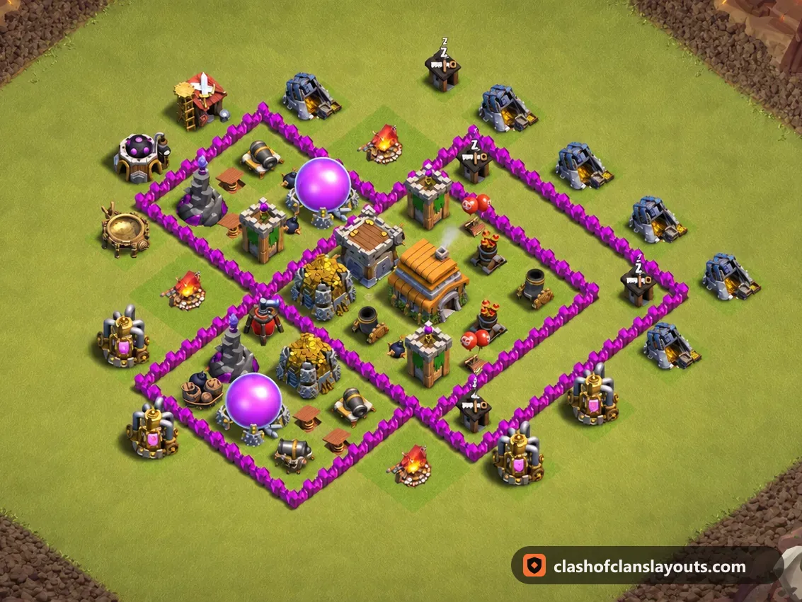 TH6 War Base Layout 59: Clash of Clans Town Hall 6 war base layout, full base picture