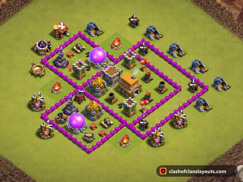 TH6 War Base Layout 59: Clash of Clans Town Hall 6 war base layout, full base picture