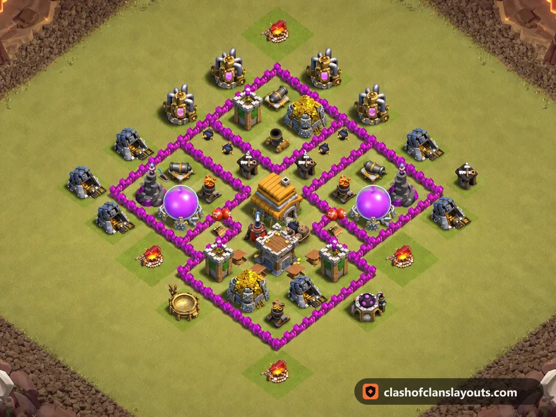 TH6 War Base Layout 60: Clash of Clans Town Hall 6 war base layout, full base picture