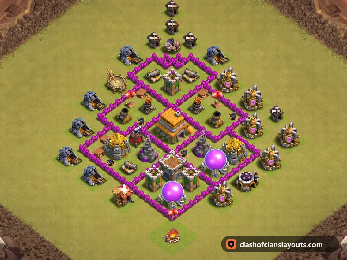 TH6 War Base Layout 61: Clash of Clans Town Hall 6 war base layout, full base picture