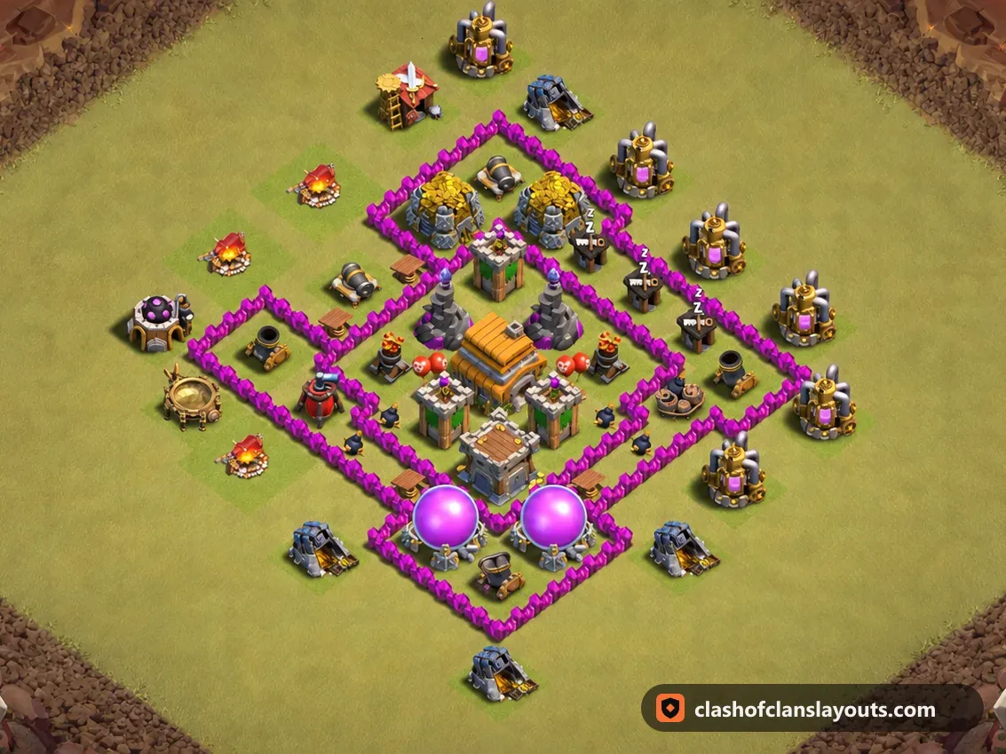 TH6 War Base Layout 62: Clash of Clans Town Hall 6 war base layout, full base picture