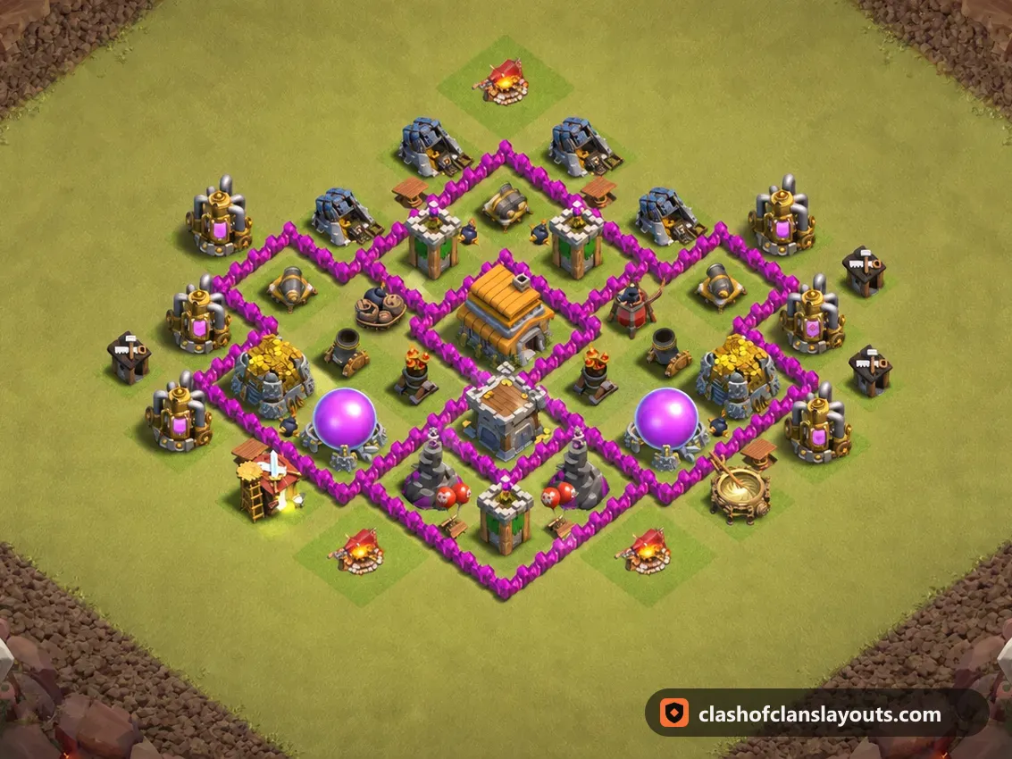 TH6 War Base Layout 63: Clash of Clans Town Hall 6 war base layout, full base picture