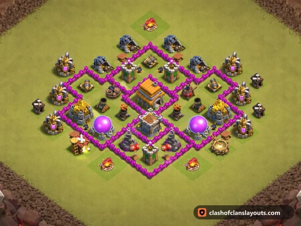 TH6 War Base Layout 63: Clash of Clans Town Hall 6 war base layout, full base picture