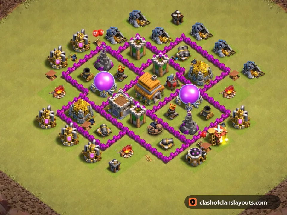 TH6 War Base Layout 64: Clash of Clans Town Hall 6 war base layout, full base picture