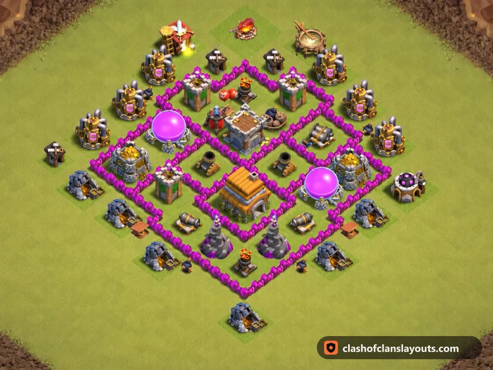 TH6 War Base Layout 65: Clash of Clans Town Hall 6 war base layout, full base picture
