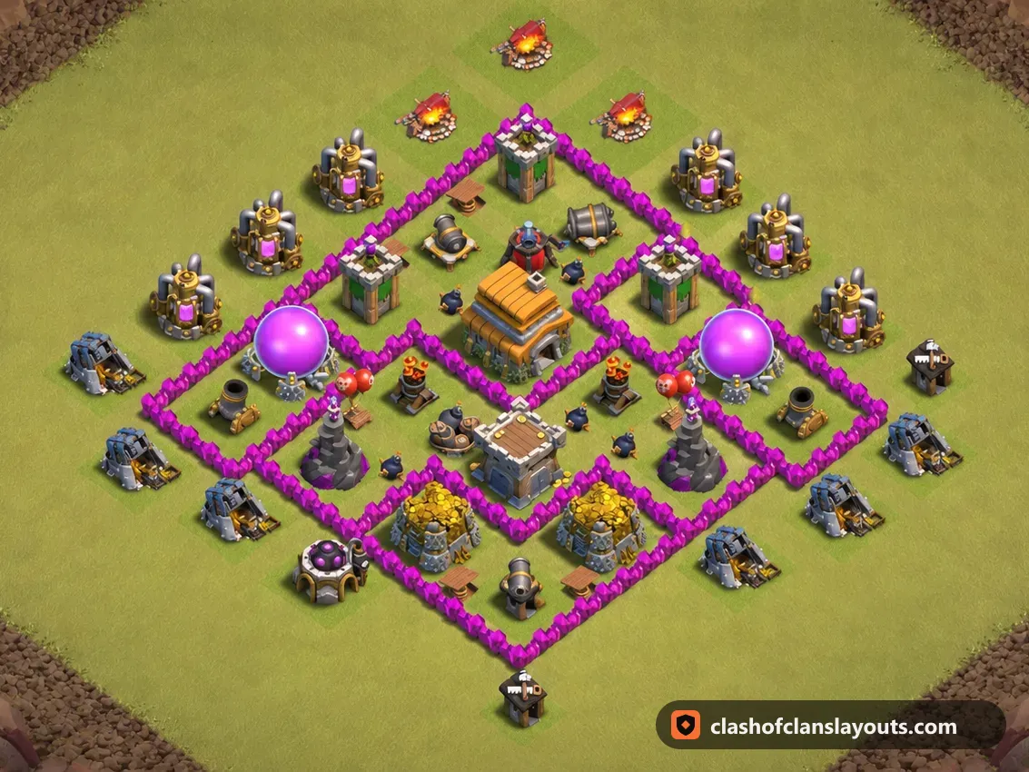 TH6 War Base Layout 66: Clash of Clans Town Hall 6 war base layout, full base picture